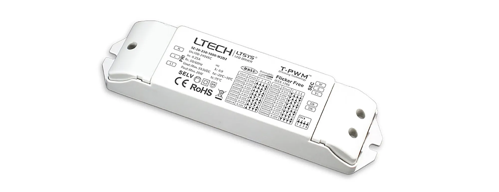 DALI DT8 CT adjustment driver, 0-100% Dim, T-PWM digital dimming, CC 20W, 250-1000mA output, 100-240Vac I/P, Class 2, IP20.